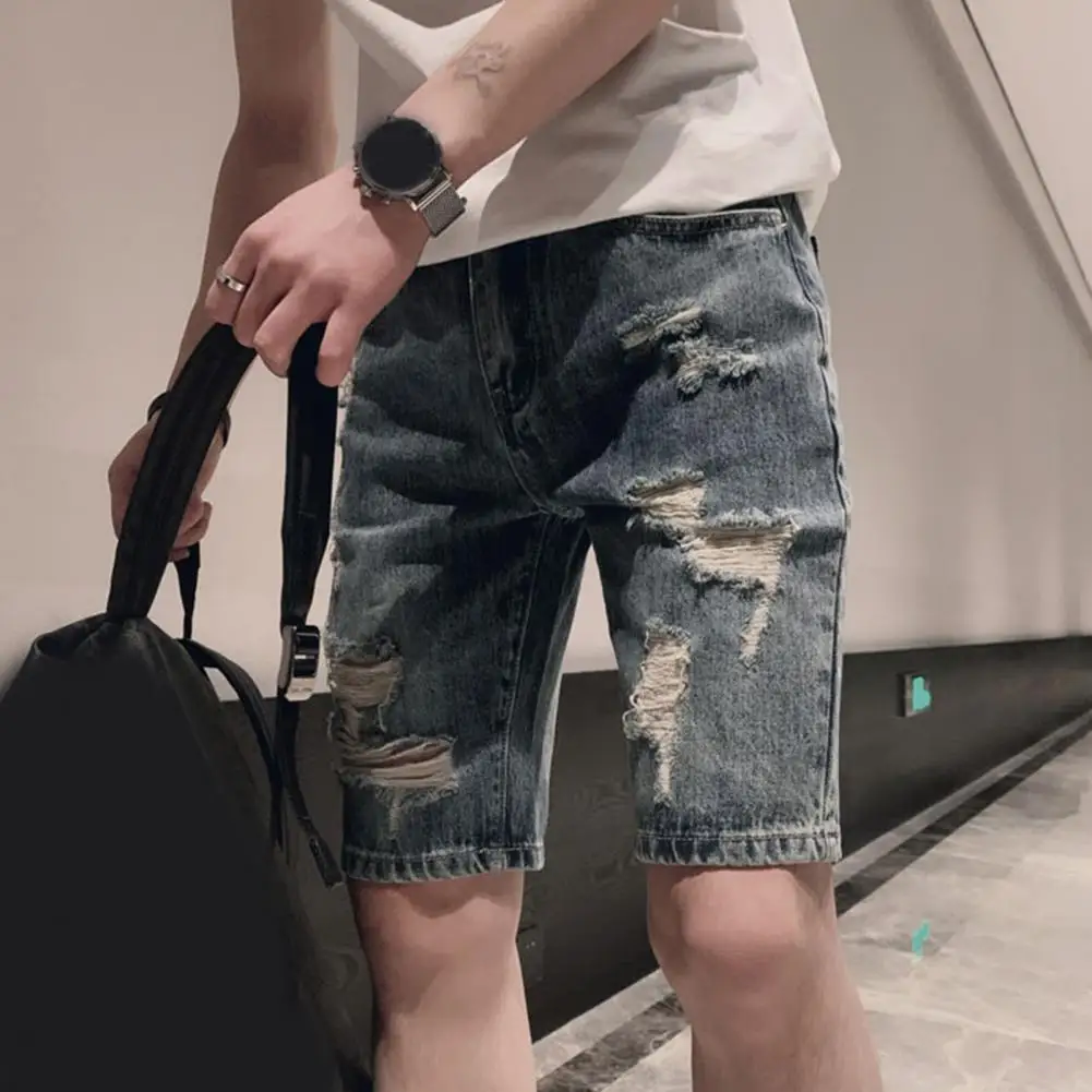 

Men Denim Shorts Men's Summer Ripped Denim Shorts with Pockets Zipper Button Fly Straight Leg Knee Length Streetwear Jeans for A