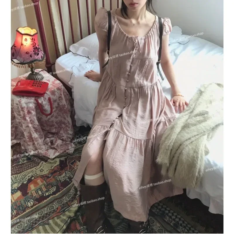 Korean O-neck Lace Up Solid Color Short-sleeved Dress Women 2024 Summer New Streetwear Single-breasted Pleated Loose Party Dress
Korean O-neck Lace Up Solid Color Short-sleeved Dress Women 2024 Summer New Streetwear Single-breasted Pleated Loose Party Dress