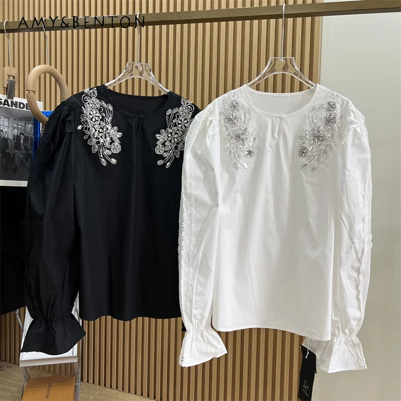 

French Style Top Blusas Machine Embroidery Hollow Beading Round Neck Bubble Bell Sleeve Shirt 2024 Spring New Blouse De Mujer