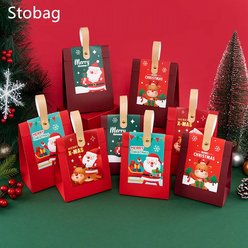 

StoBag-Handle Paper Box Empty Christmas Eve Candy Gift Packaging Wrapping Biscuit Chocolate Kids Favors New Year Party 10Pcs