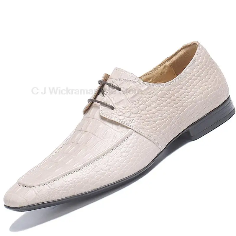 

Men Beige Leather Oxford Dress Shoes Pointed Toe Derby Wedding For Business Vintage Crocodile Grain Genuine Leather Shoe Fashion