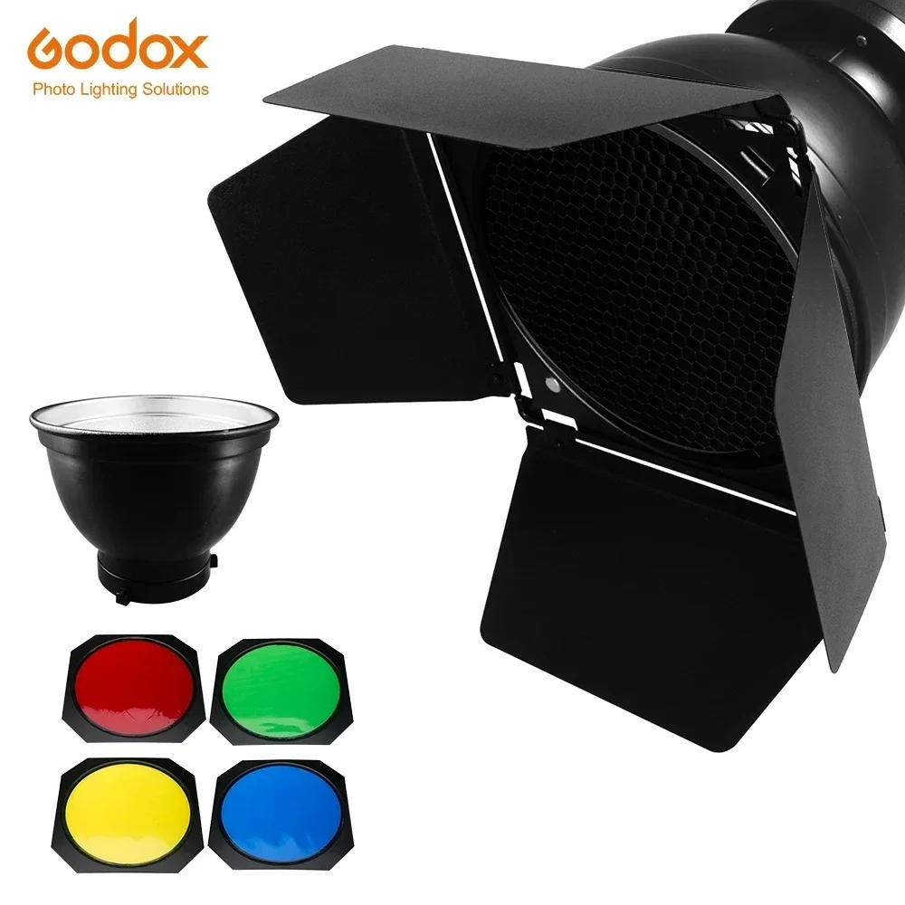 

Godox BD-04 Barn Door with Honeycomb Grid and 4 Color Gel Filter For Bowen Standard Reflector Photography Studio Flash Accessory