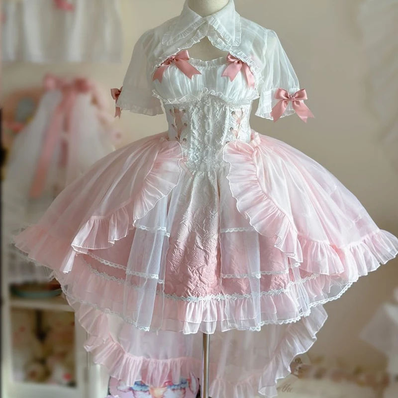 

Gradient Pink JSK Strap Dress Lace Ruffle Bowknot Puffy Bubble Sleeves Lolita Princess Dress Cross dresser Sissy Maid Cosplay TS