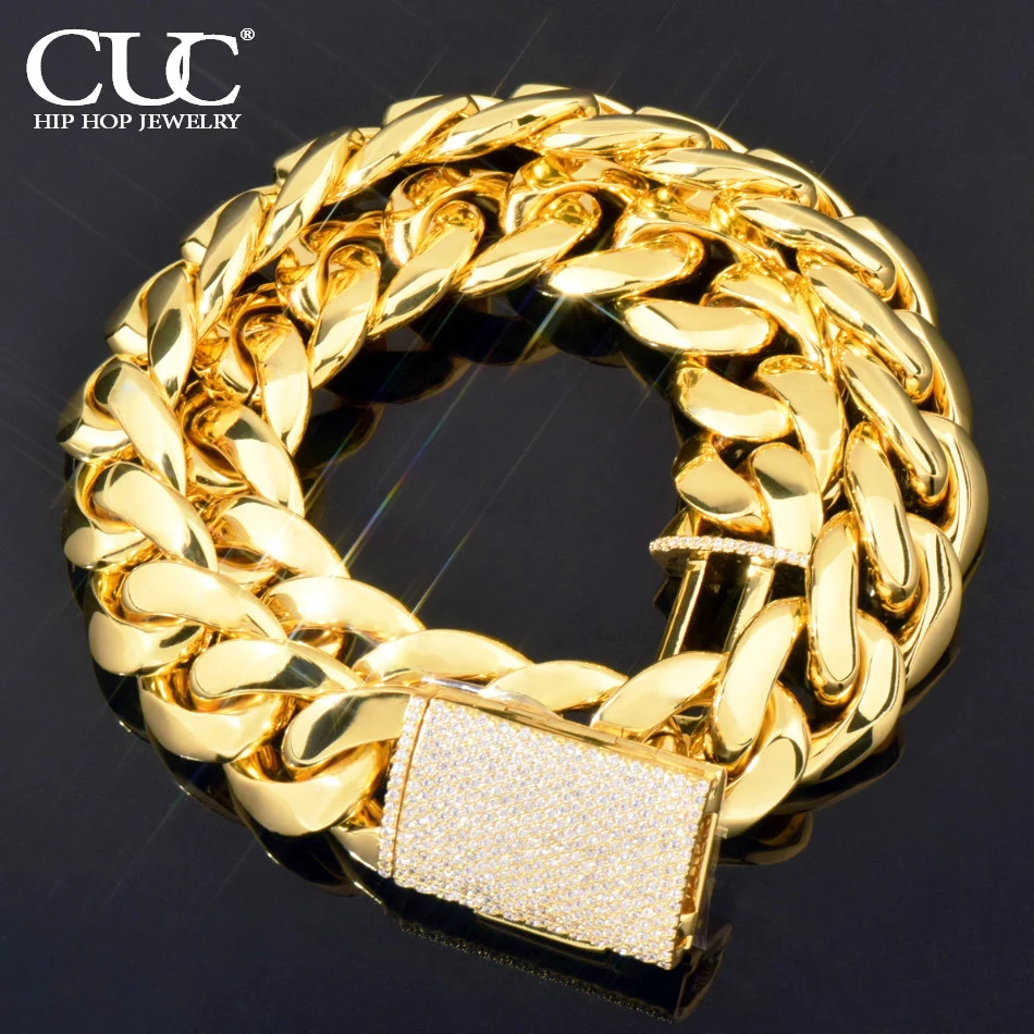 

Ожерелье CUC из кубинской цепи Майами мужское, цепочка в стиле хип-хоп, однотонное колье из серебра и золота с цирконием и застежкой в виде рэпера, 8 мм, 16 мм, 20 мм