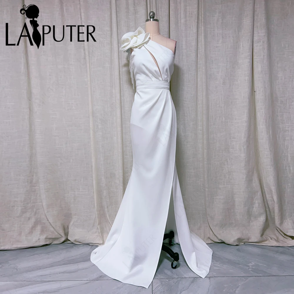 

LAPUTER Big Rose Flower One Shoulder Bridal Wedding Dresses Beadings Keyhole White Mermaid Bride Gown Ruched Split Prom Dress