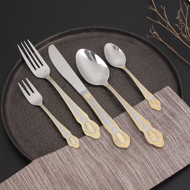 

6People Vintage Gold Cutlery Set 18/10 Stainless Steel Tableware Set Knife Fork Tea Spoon Dinnerware Silverware Kitchen Flatware