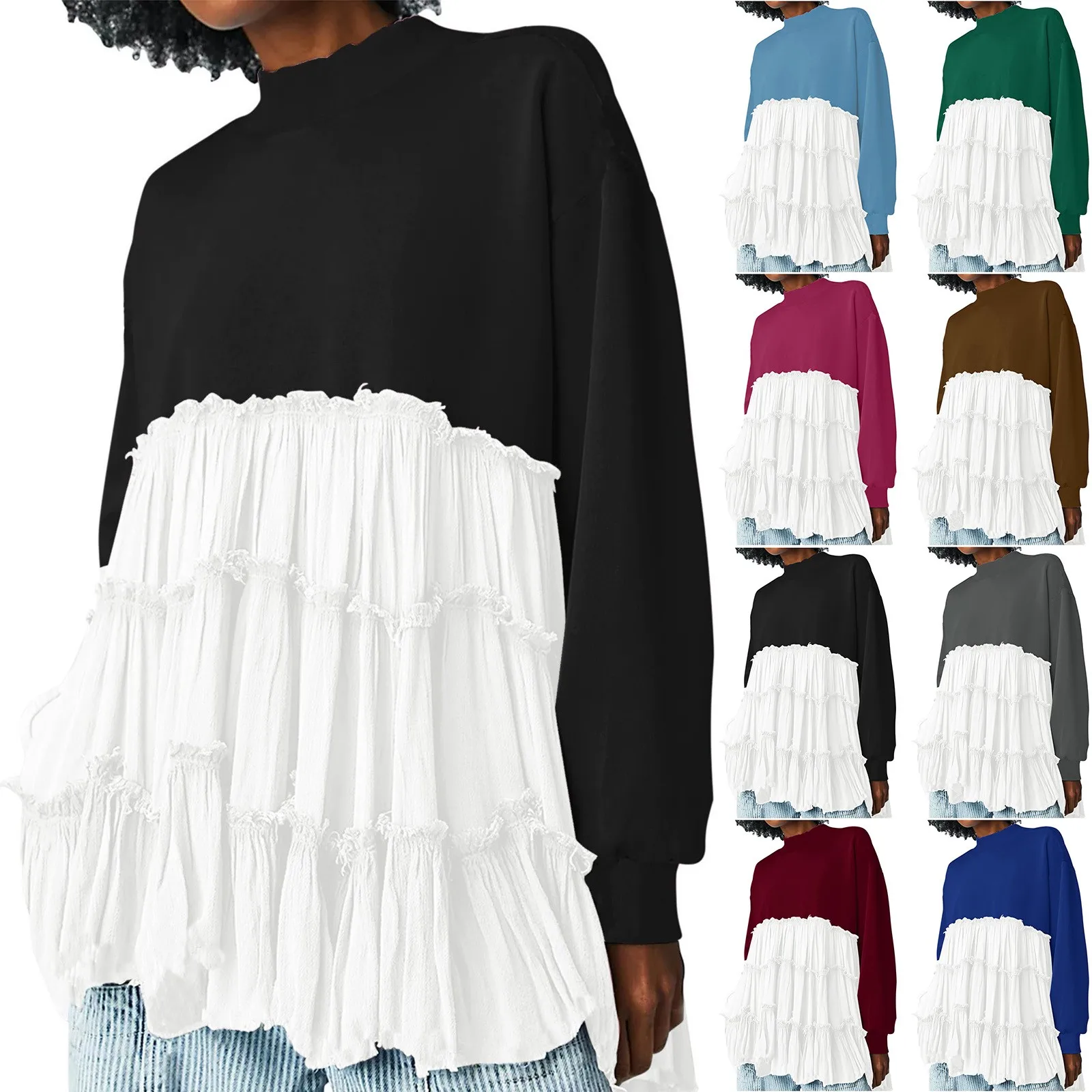 Women Oversized Pullover Sweatshirt Dress Long Sleeve Mock Neck Patchwork Ruffle Sweatshirts preppy style Outerwear chic
Women Oversized Pullover Sweatshirt Dress Long Sleeve Mock Neck Patchwork Ruffle Sweatshirts preppy style Outerwear chic