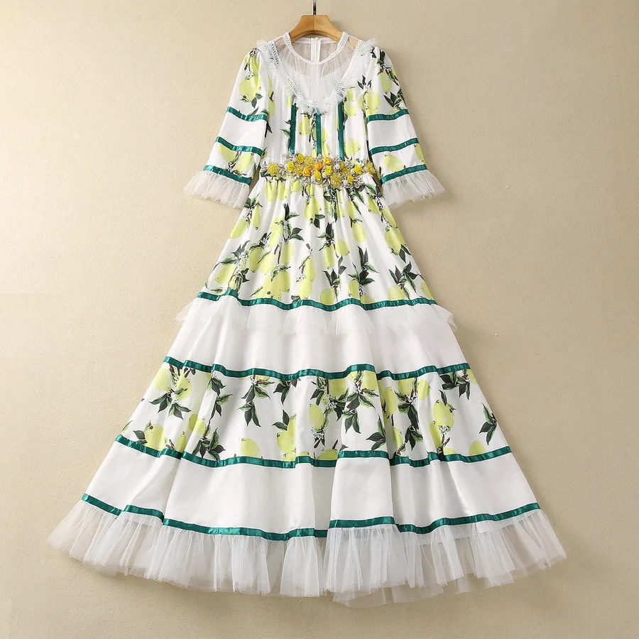 

European and American women's clothes 2024 spring new Floral decoration seven-quarter sleeves Lemon print pleated dress XXL