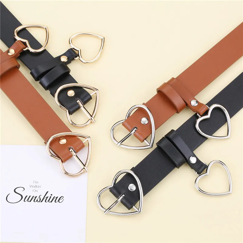 

Women's Cute Leather Belt Metal Heart Shape Buckle Black Retro PU Waistband Designer Cinto Feminino Pants Strap for Women Girls