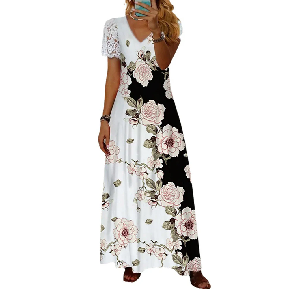 Dress Women Summer Flower Printed Color Block V Neck Lace Short Sleeve Elegant Long Bohemian Dress Fashion Casual Maxi Dresses
Dress Women Summer Flower Printed Color Block V Neck Lace Short Sleeve Elegant Long Bohemian Dress Fashion Casual Maxi Dresses