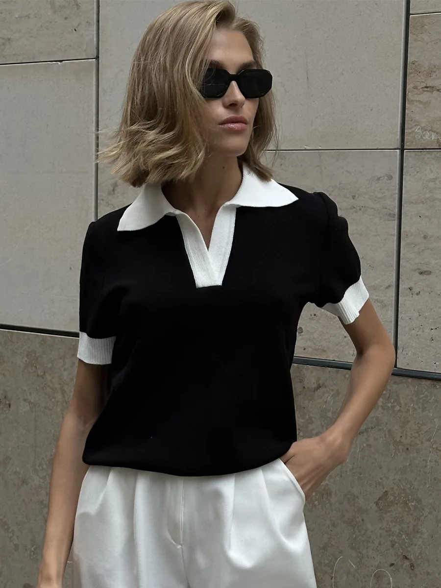 2026 Summer New Short Sleeved Knitted Sweater Temperament Commuting Polo Collar Contrasting Color Slim Fit Knitted Top 98 Secc4b1822ba6473886ca846ebc980406B