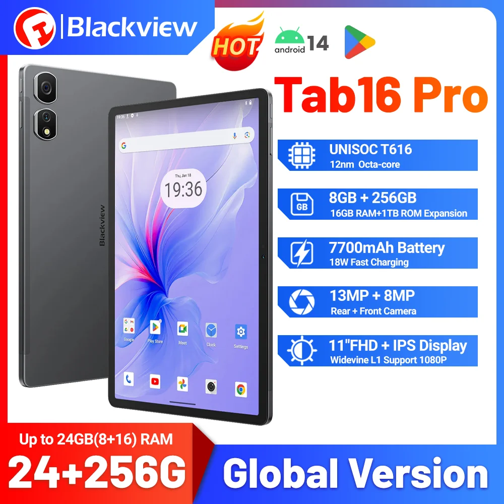 

Blackview Tab 16 Pro Tablet PC 11'' FHD+ Display 120Hz T616 Octa Core 24GB(8+16) RAM 256GB ROM 7700mAh 4G Tablets Android 14