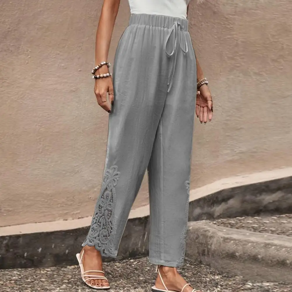 

Women Solid Color Pants Loose Casual Pants Stylish Women's Wide Leg Trousers with Elastic Waist Embroidery Detail for Everyday