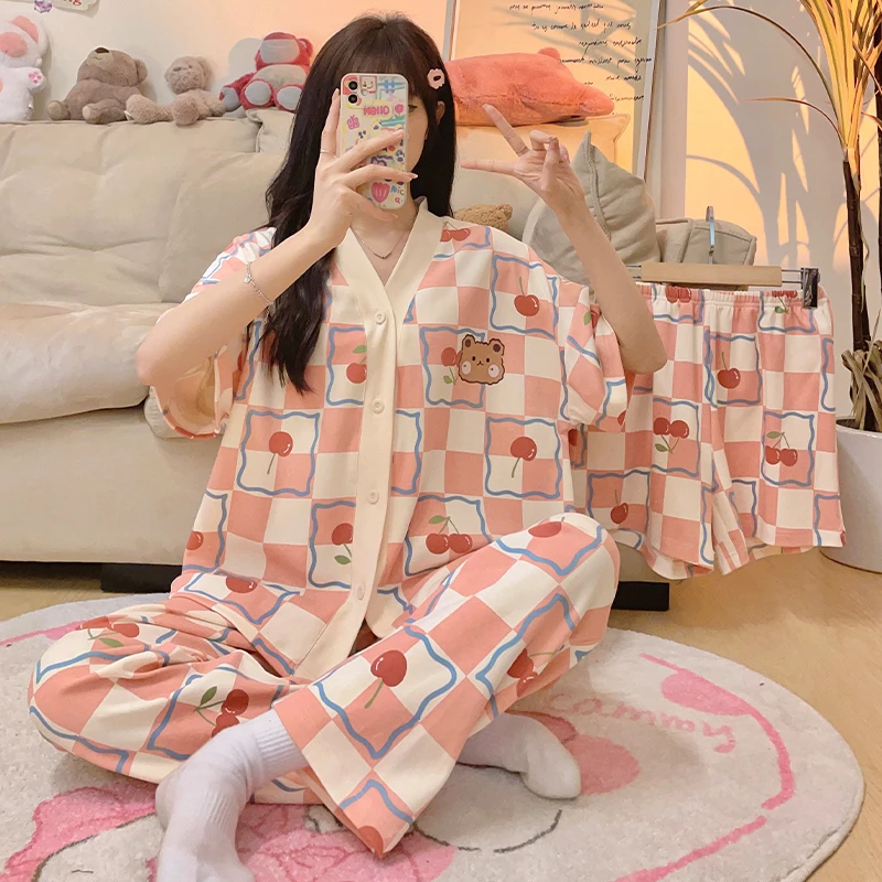 Women Pajama Sets Summer Sexy Big Size Loungewear Short Sleeve Shorts Trousers Women's 3pcs Sleepwear Cute Cherry Bear Pyjamas
Women Pajama Sets Summer Sexy Big Size Loungewear Short Sleeve Shorts Trousers Women's 3pcs Sleepwear Cute Cherry Bear Pyjamas