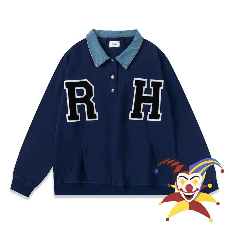 Patchwork RHUDE Denim Collar Sweatshirt Men Women Hoodie RH Letter Patch towel Embroidery Sweater
Patchwork RHUDE Denim Collar Sweatshirt Men Women Hoodie RH Letter Patch towel Embroidery Sweater