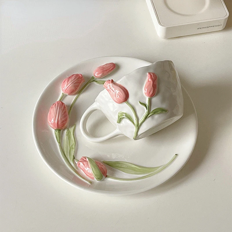 

Relief Tulip Ceramic Bowl Plate Mug Dinnerware Set Vintage Cutlery Set Soup Bowls Dessert Salad Bowl Plate Coffee Cup Tableware