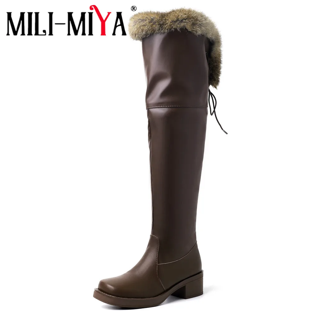 

MILI-MIYA Concise Design Solid Color Women Microfiber Over The Knee Snow Boots Warm Plush Thick Heels Plus Size 34-43 Winter Sho