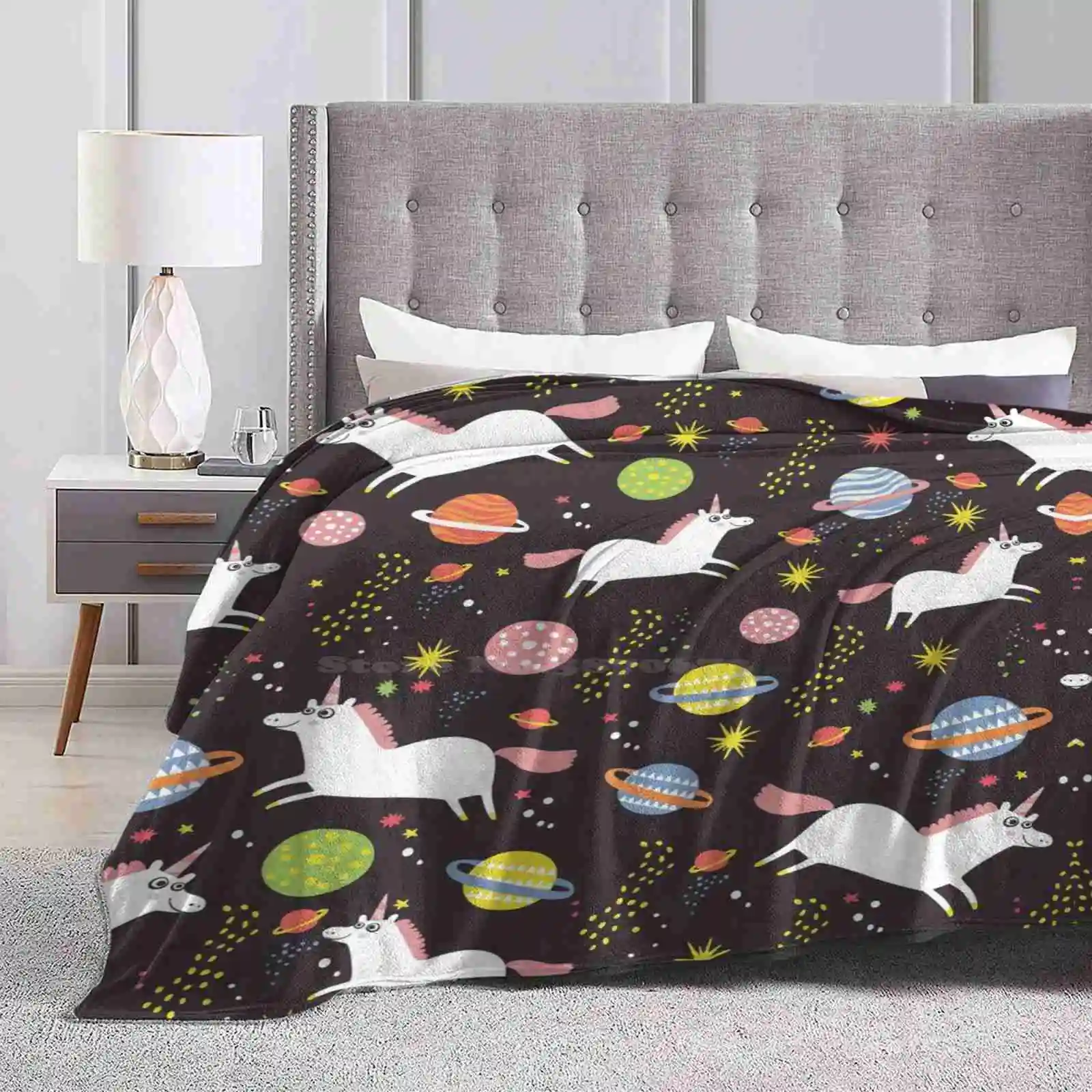 

Space Unicorns Soft Warm Throw Blanket Space Unicorn Funny Planets Stars Background Cartoon Happy Retro Vintage Animals