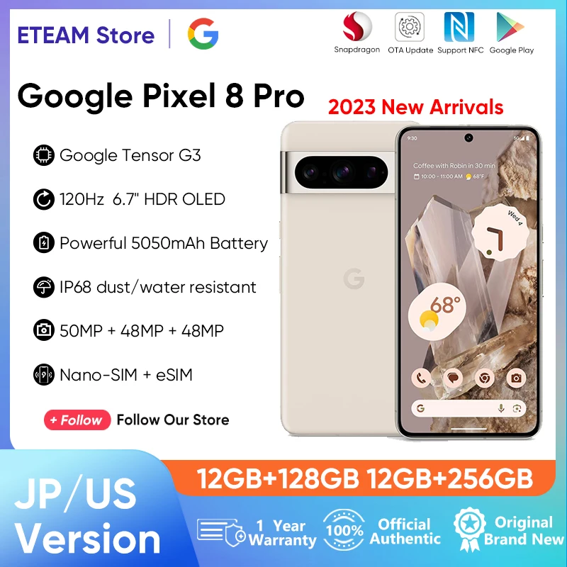 

2023 New Google Pixel 8 Pro 5G Google Tensor G3 50MP & 48 MP OLED 120HZ Nano-SIM and eSIM Android 14 IP68 dust/water resistant