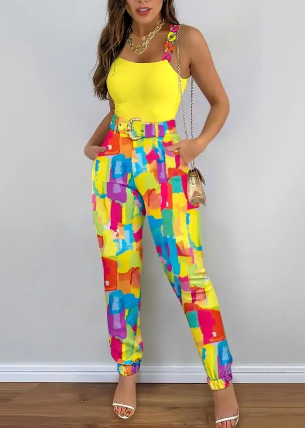 Sleeveless Pocket Skinny with Belt High Waist Chain Strap Tank Top & Multi Colors All Over Print Pants Set
Sleeveless Pocket Skinny with Belt High Waist Chain Strap Tank Top & Multi Colors All Over Print Pants Set