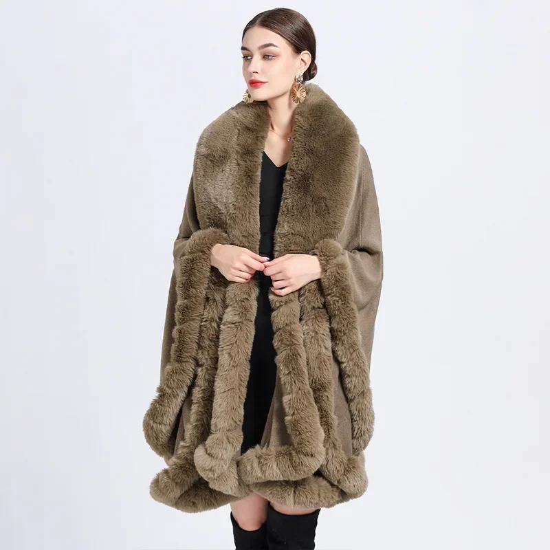 

Europe America New Imitation Otter Rabbit Fur Collar Hooded Imitation Cashmere Loose Ponchos Women Capes Khaki Cloak