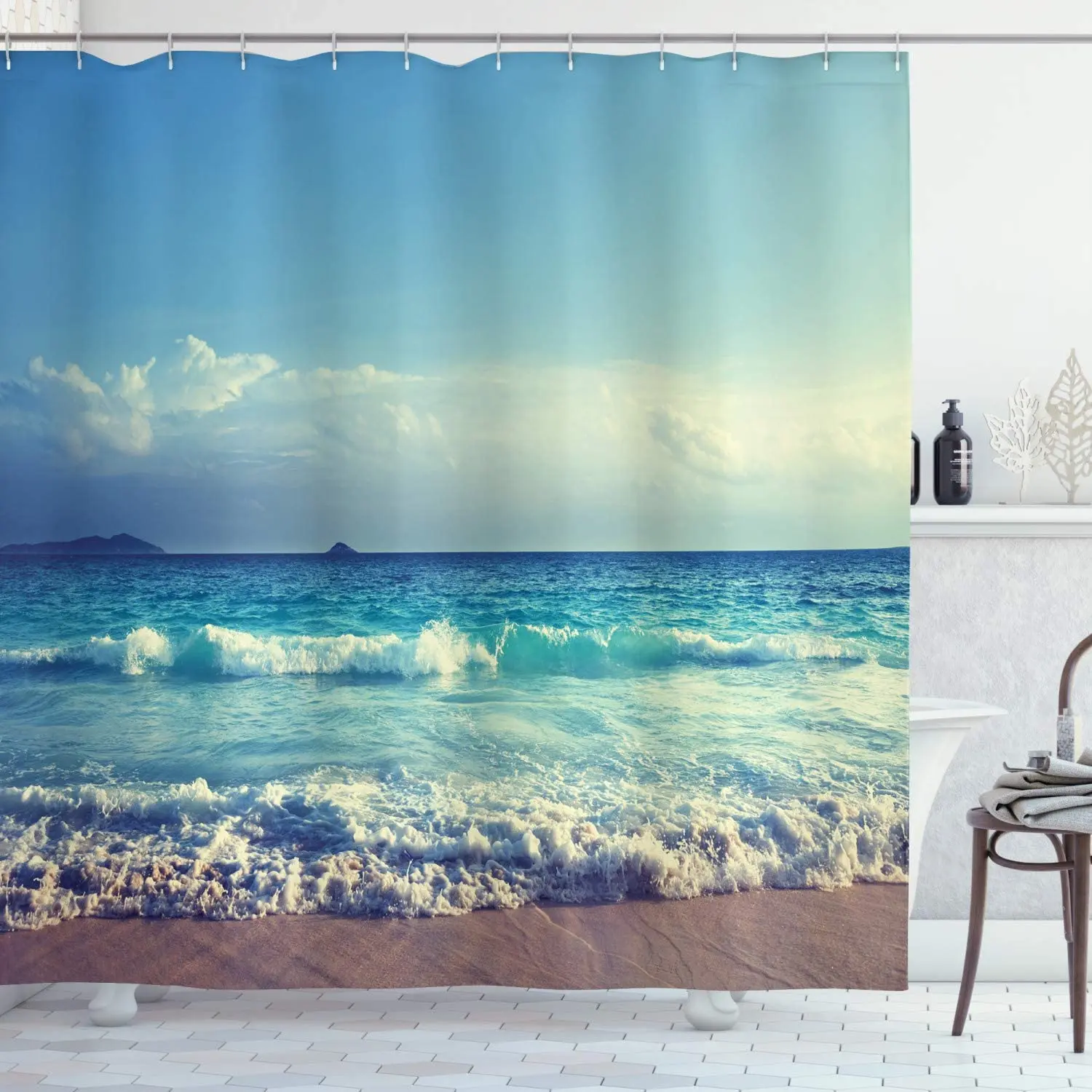 Tropical Island Shower Curtain, Ocean Waves on Seychelles Beach at The Sunset Time Skyline, Cloth Fabric Bathroom Deco
Tropical Island Shower Curtain, Ocean Waves on Seychelles Beach at The Sunset Time Skyline, Cloth Fabric Bathroom Deco