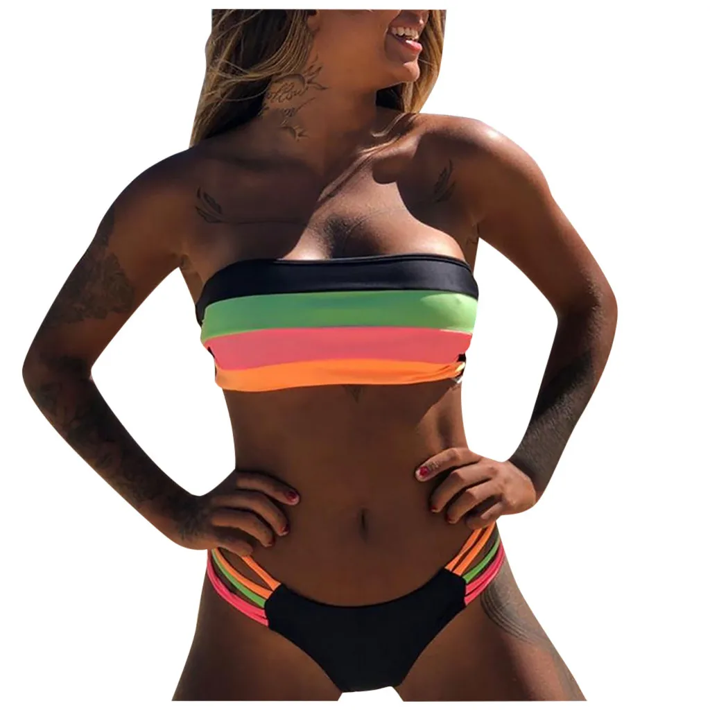 

Women Swimwear Colored Stripes Bikini Set Push-up Padded Bra Bathing Beachwear купальники 2024 женские conjuntos de biquínis