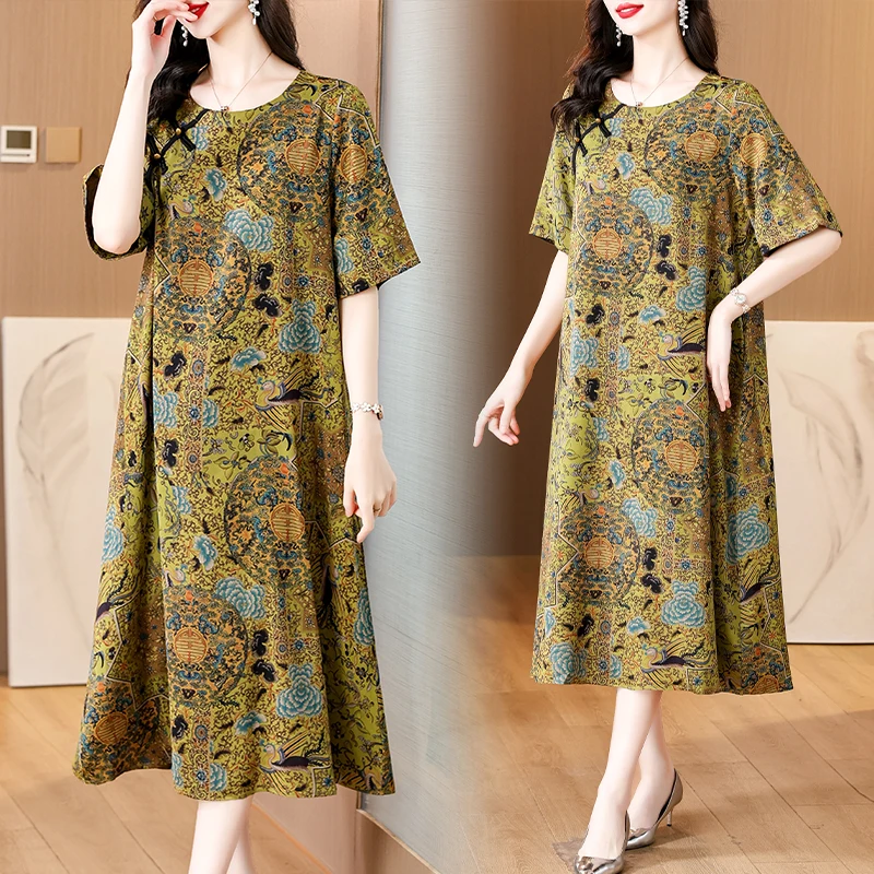 

2024 Yellow Patchwork Silk Satin Midi Dress Summer Korean Vintage Hepburn Dress Women Elegant Luxury Looses Waist Party Dresses