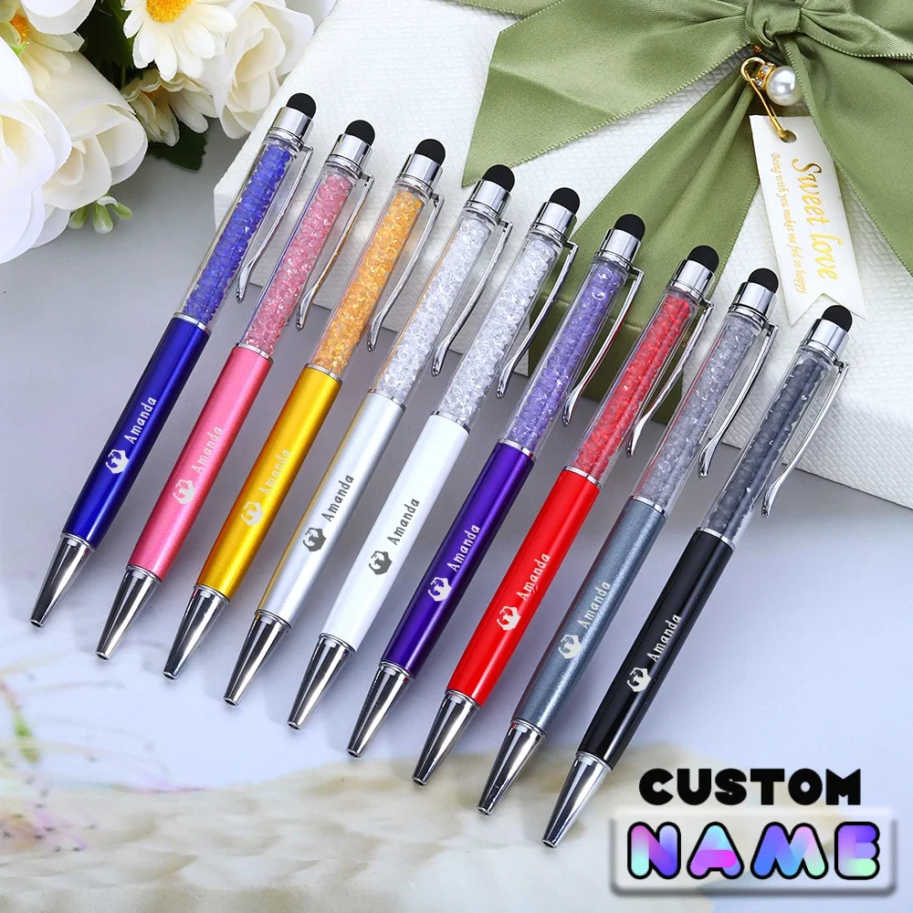 

2 in 1 Colorful Crystal Capacitive Touch Stylus Custom Name BallPoint Pen for IPhone Android Phone Diamond Metal Ballpoint Pen