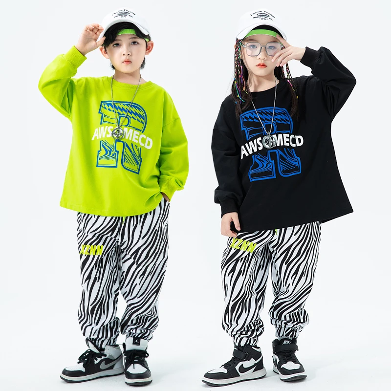 

Joggers Pants For Girl Boy Jazz Dance Costume Show Clothes Kids Teenage Outfits Hip Hop Clothing Oversize Green Sweatshirt Zebra