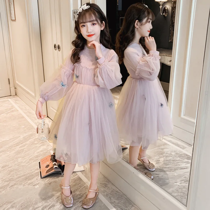 

Autumn New Girls' Princess Dress Fairy Butterfly Bubble Long Sleeve Pettiskirt Fleece-Lined Knitting Lace Stitching Children Shi
