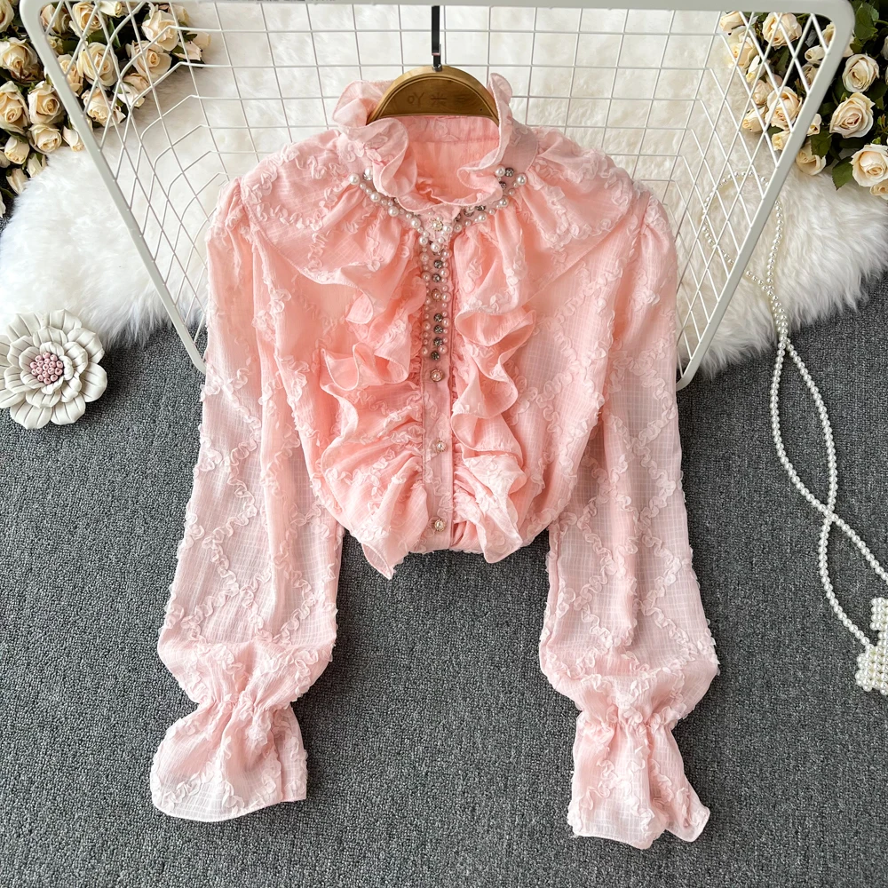 Autumn Retro Court Style Temperament Stand Collar Rhinestone Beaded Lotus Leaf Trumpet Shirt Female Foreign Style Loose Top
Autumn Retro Court Style Temperament Stand Collar Rhinestone Beaded Lotus Leaf Trumpet Shirt Female Foreign Style Loose Top