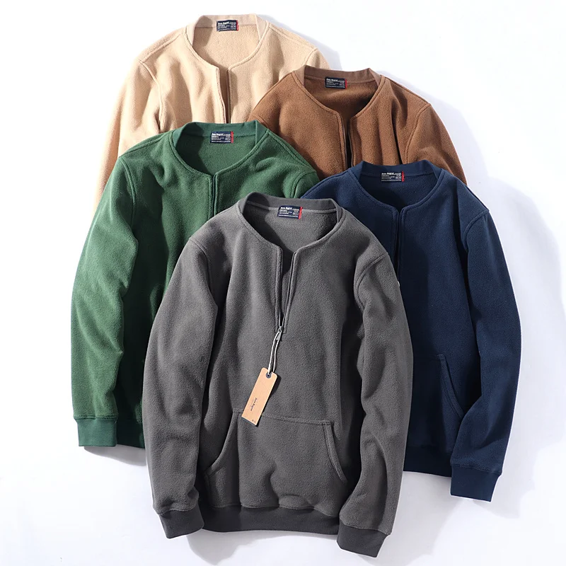 

Half Zipper Double-sided Fleece Coat Men's Warm Pocket Sweater Outdoor Trekking Fitness Running Jacket Camping Clothes Autumn