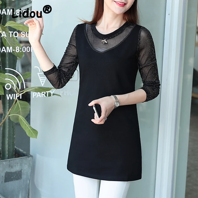 Women Clothing 2024Spring Autumn Korean Fashion Mesh Patchwork Elegant T-shirt Ladies Casual O Neck Long Sleeve Loose Tunic Tops
Women Clothing 2024Spring Autumn Korean Fashion Mesh Patchwork Elegant T-shirt Ladies Casual O Neck Long Sleeve Loose Tunic Tops