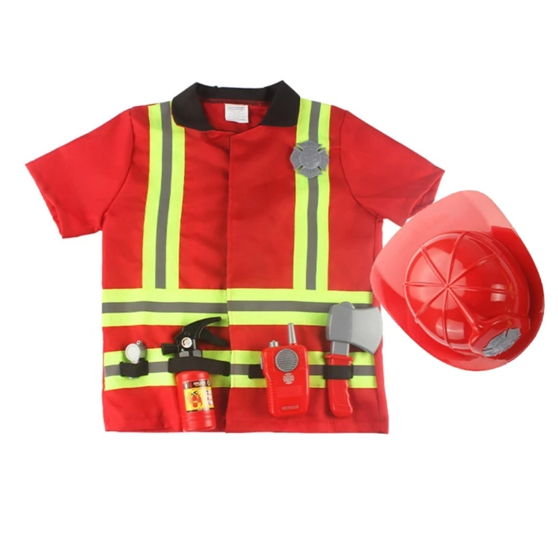 

7pcs Firefighter Costume Fire Fighter Costume Halloween Dress Up Costumes Red Fireman Costume Firefighter Tools Set