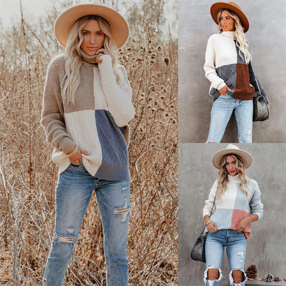 Women Color-mixing Spliced Knit Sweater Pullovers Lady Girls Winter Streetwear Loose Jumpers Fashion Vintage Turtleneck Sweaters
Women Color-mixing Spliced Knit Sweater Pullovers Lady Girls Winter Streetwear Loose Jumpers Fashion Vintage Turtleneck Sweaters