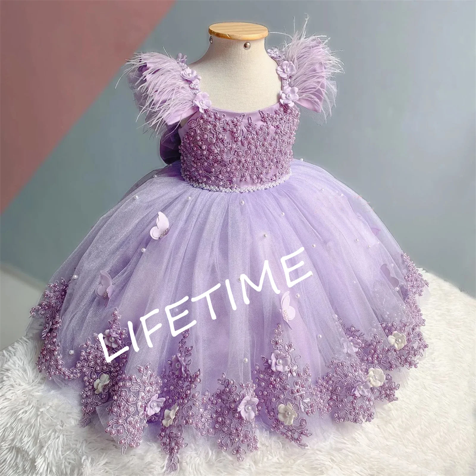 

3D Butterfly Flower Girl Dress Wedding Purple luxury Feather With Pearls Bow Puffy Tulle Birthday Party First Communion Gowns