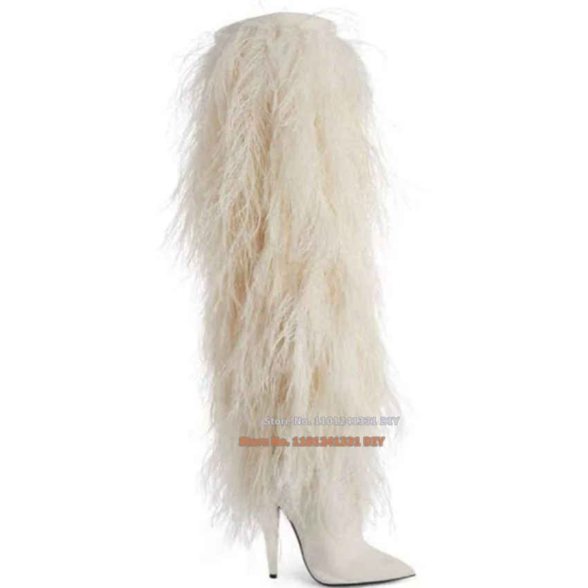 

Pointed Toe Stiletto Heels Knee High Boots Color-Block White Fur Long Boots Women Winter High Heel Elegant Catwalk Party Shoes