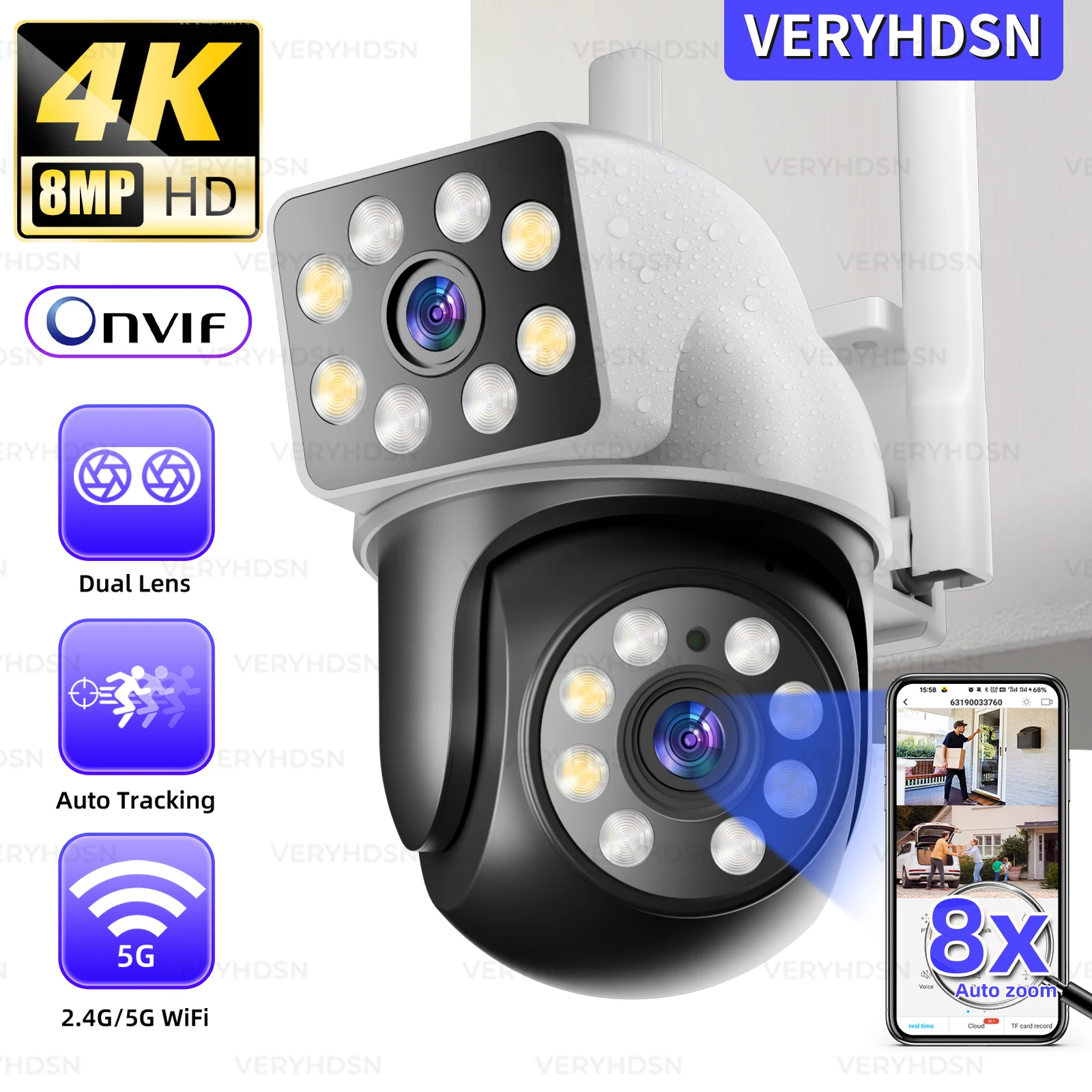 

4K 8MP PTZ WIFI Camera Dual Lens Dual Screen IP Camera Outdoor 8X Zoom AI Human Detect Full Color Night Vision CCTV Surveillance