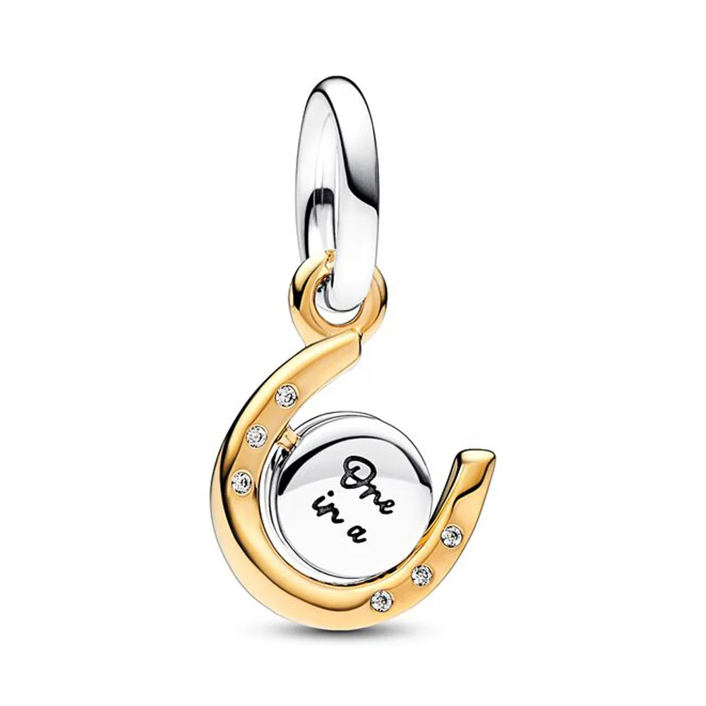 

Real 925 Sterling Silver Bead Two-tone Spinning Disc Horseshoe Dangle Charm Fit Pandora Women Bracelet Bangle Gift DIY Jewelry