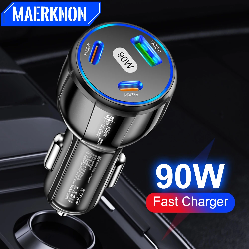 

90W PD Car Charger USB Type C Fast Charge Cigarette Lighter Adapter Quick Charge3.0 For iPhone Xiaomi Samsung Car Phone Chargers