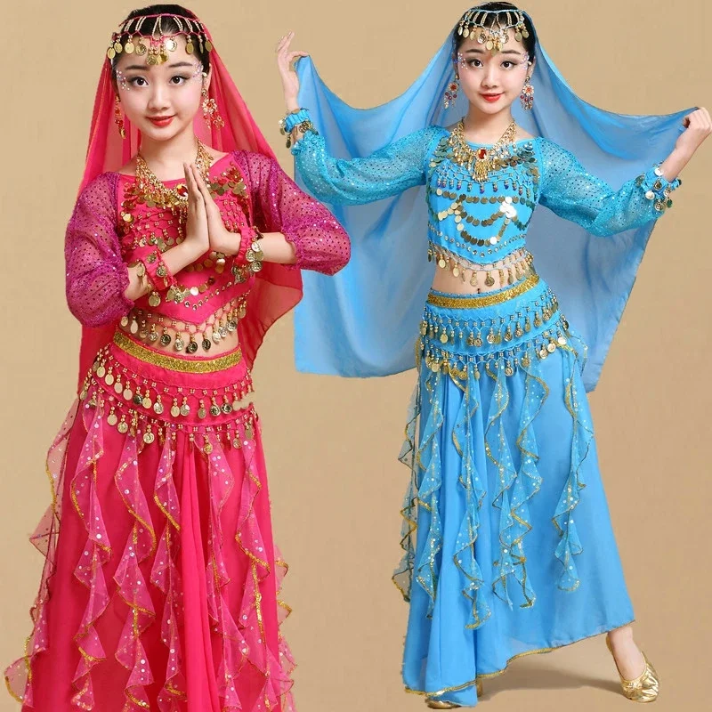 

Детские костюмы для танца живота для девочек, комплект одежды для выступлений в Стиле Болливуда, индийская одежда ручной работы для девочек