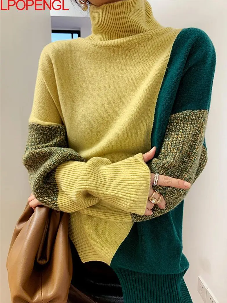 

Women's Long Sleeved Turtleneck Contrasting Sweater Loose Fitting Autumn And Winter New Knitted Pullover Oversize Vintage Top