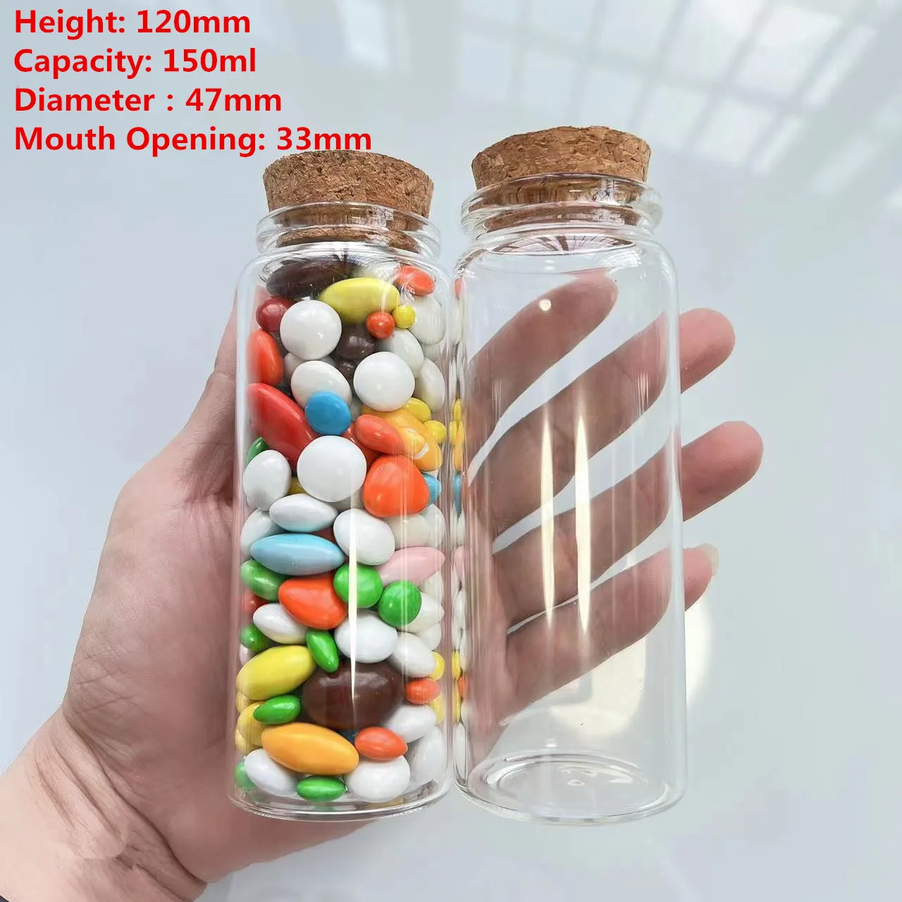 

33*47*120mm 150ml Candy Glass Bottles Cork Stopper Spicy Storage Dragees Jar Bottle Food Containers Glass spice Jars Vials