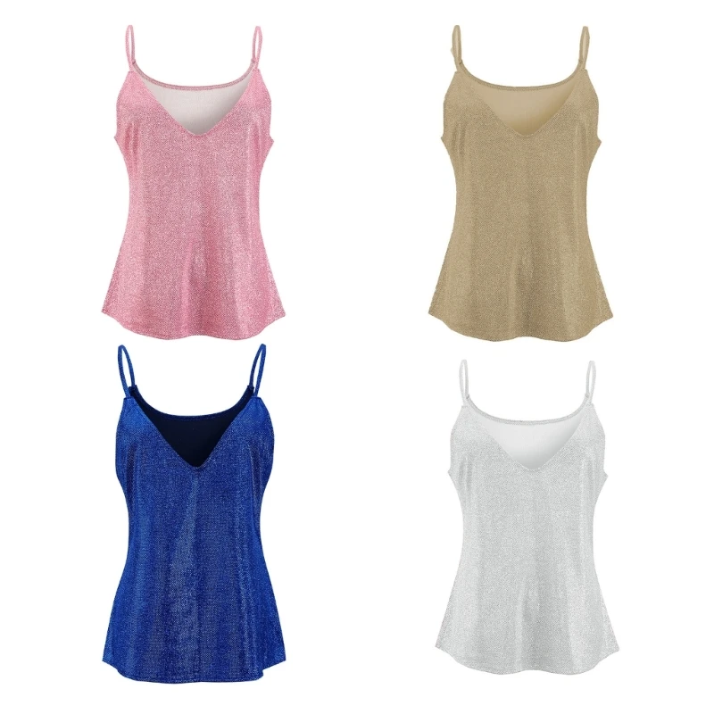 

Sleeveless Cami Crop Tank-Top Sexy V-Neck Sparkl-Shimmer Camisole Vest Clubwear Sequin Vest for Party Loose Blouses Dropship