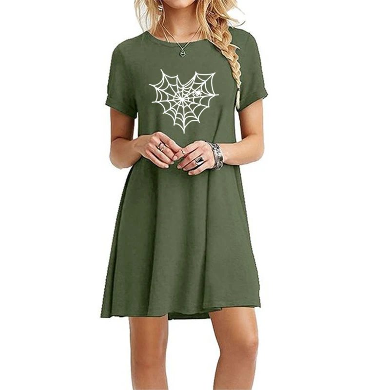 

Summer Girl's Spider Web Printed Shirt Dress Casual Short Sleeved Mini Dress Pullover Dress Lady's Loose Home Dress