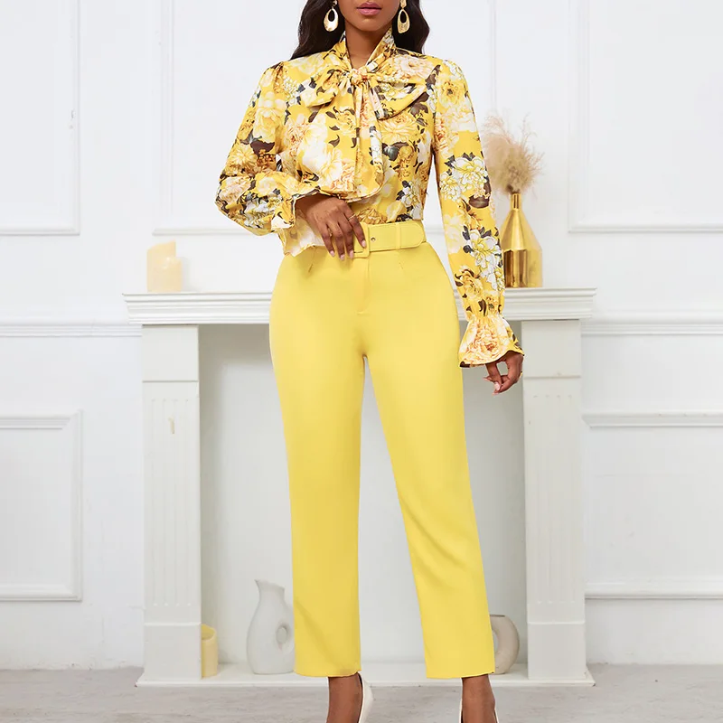 

New elegant printed strap long sleeved shirt top and high waisted trousers two-piece set for autumn casual cropped pants set