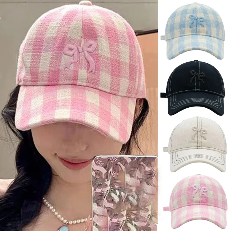 

Plaid Bow Embroidered Baseball Cap for Women Korean Ins Versatile Sweet Bowknot Hip-Hop Hats Outdoor Shade Travel Beach Sun Hat