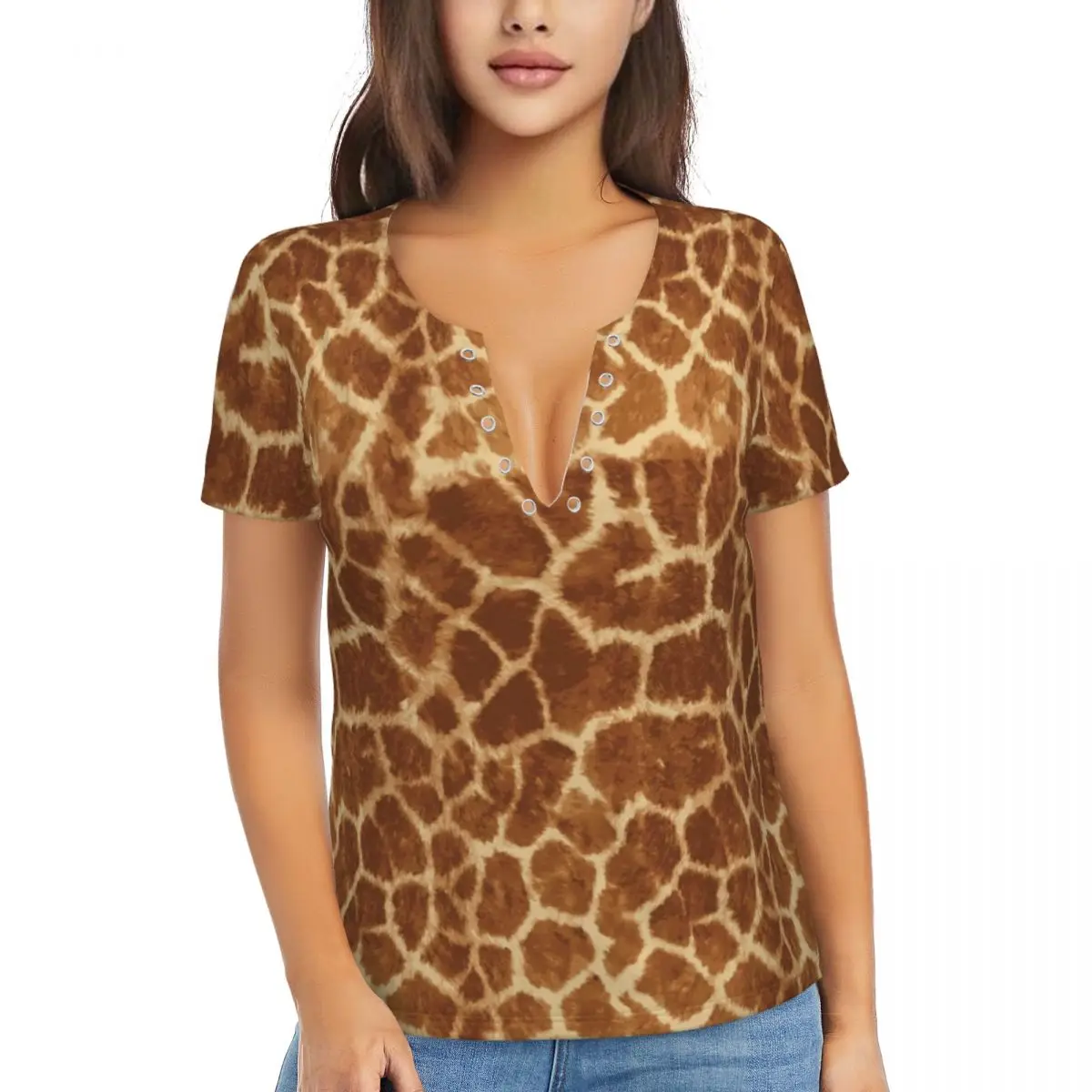 Футболка Y2K с принтом жирафа и кожи, милая уличная одежда с глубоким V-образным вырезом и коротким рукавом, летняя рубашка, большие размеры
Футболка Y2K с принтом жирафа и кожи, милая уличная одежда с глубоким V-образным вырезом и коротким рукавом, летняя рубашка, большие размеры