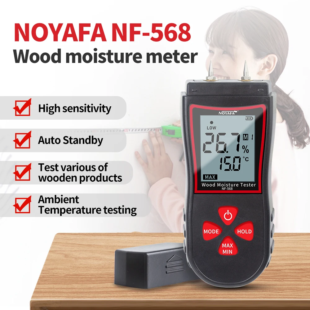 

NOYAFA NF 568 Digital Wood Moisture Meter Timber Damp Tester Humidity Meter Two Pins Hygrometer Concrete Cement Brick Detector
